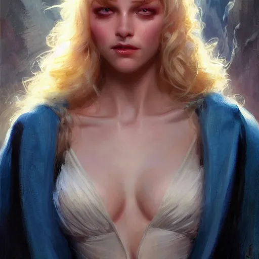 Image similar to detailed cinematic wide shot of beautiful attractive blonde vampire woman slim face symettrical face clean skin blue eyes black robe smooth, sharp focus, ultra realistic, spring light, painting by gaston bussiere, craig mullins, j. c. leyendecker