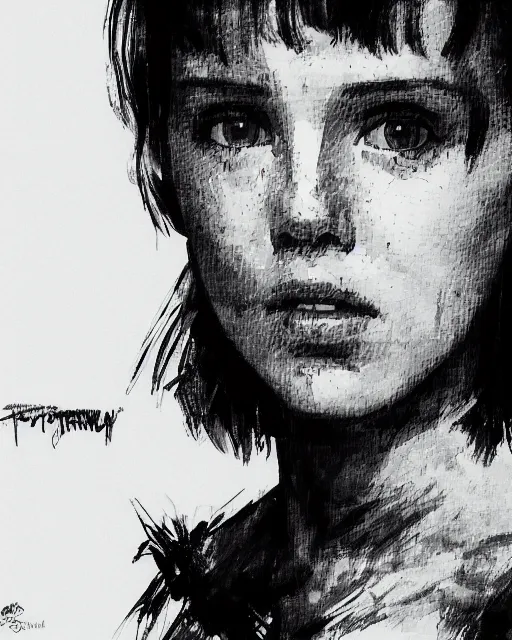 Image similar to close up portrait of millie bobby brown by yoji shinkawa, black and white, high contrast