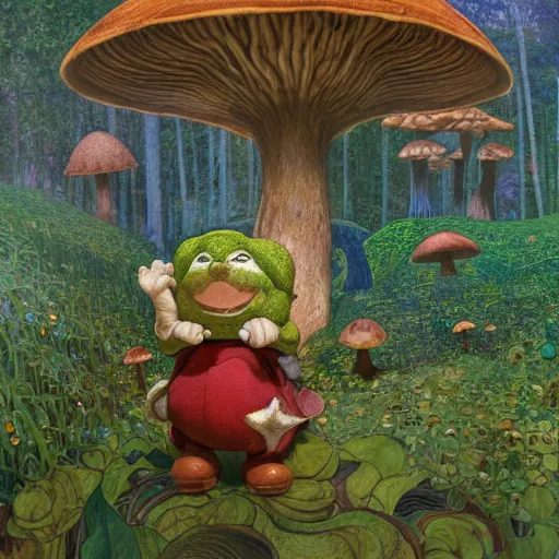 Image similar to Toad from Mario brothers running through a mushroom forest drawn by Donato Giancola and Jon Foster, frank frazetta, alphonse mucha, background by James Jean and gustav klimt, 4k, volumetric lighting, french nouveau, trending on artstation, octane render, hyperrealistic