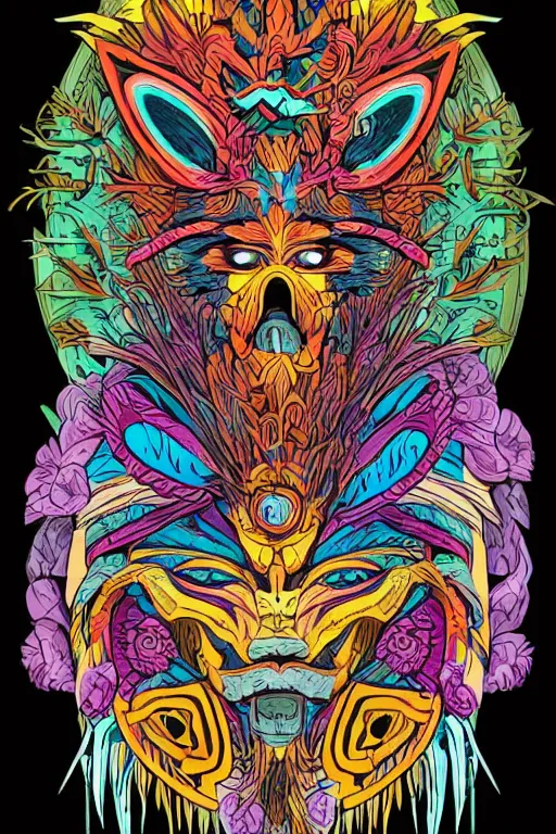 Image similar to animal mask totem roots flower tribal feather gemstone plant wood rock shaman vodoo video game vector cutout illustration vivid multicolor borderlands comics by josan gonzales and dan mumford radiating a glowing aura