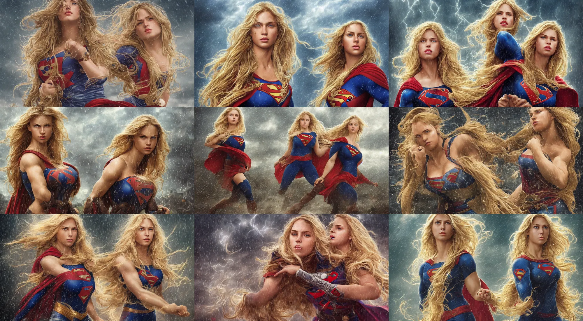 Image similar to epic portrait of a very muscled supergirl with a concentrated face and extremely long blonde wavy hair, light rain, thunder storm background, intricate detailed face, city background, steve argyle, greg rutkowski, alphonse mucha, francine van hove