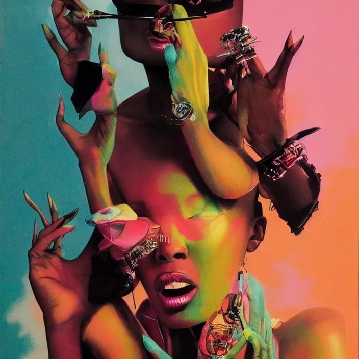 Prompt: fashionable photo of grace jones in stylish goth make - up, portrait, cyberpunk, pastel colors, highly detailed, vibrant painting, volumetric light, petite, digital art, by bruce pennington, by wayne barlowe, by takashi murakami, by john berkey