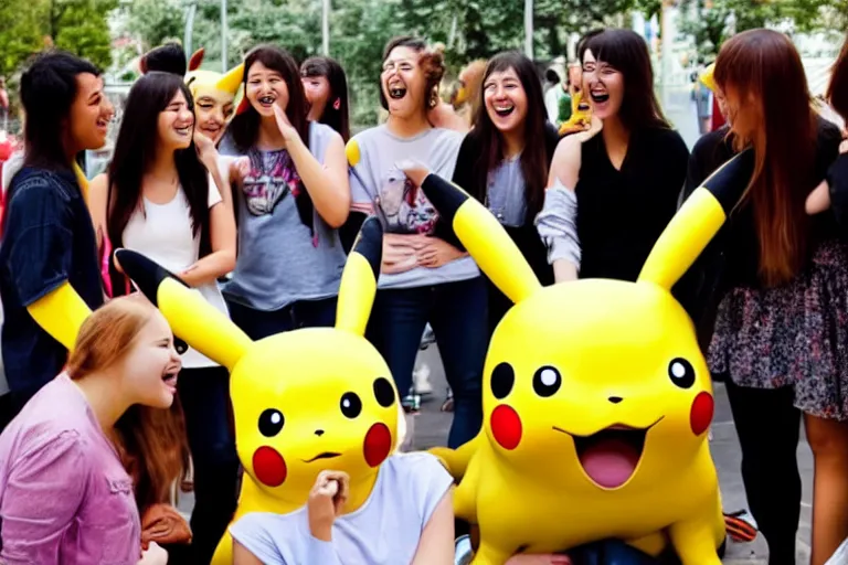 Image similar to a group of young woman are crowded around a life size pikachu and they looking directly it and they are laughing at it