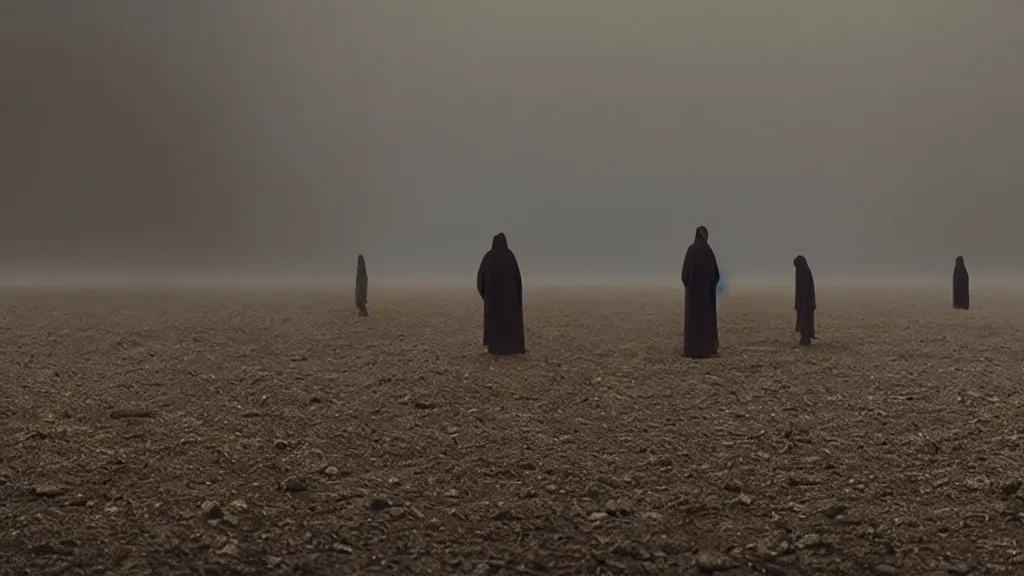 Prompt: regret, film still from the movie directed by Denis Villeneuve with art direction by Zdzisław Beksiński, wide lens