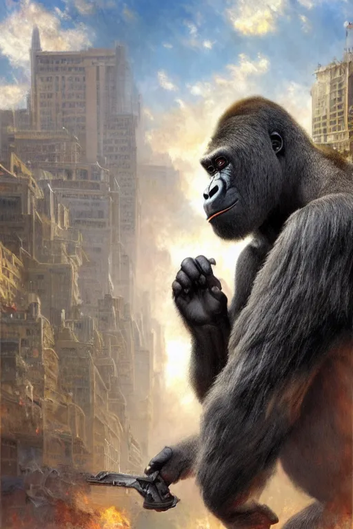 Image similar to giant gorilla destroying a city, detailed, 8 k, trending on artstation, smooth, sharp focus artwork by mark arian, artgerm, mark keathley, greg rutkowski and alphonse mucha