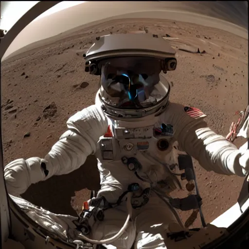 Prompt: extremely detailed photo of carl sagan through visor of spacesuit mars rover, detailed face