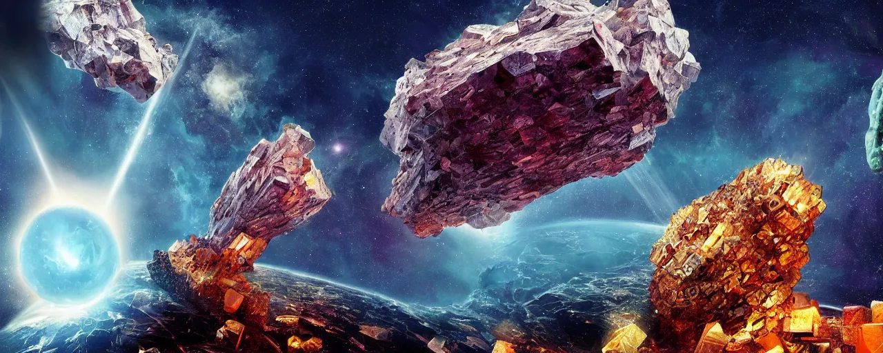 Image similar to asteroid made of donald trump and crystals, [ trump, shards, facets, by paul lehr, cinematic, detailed, epic, widescreen, opening, establishing, mattepainting, photorealistic, realistic textures, octane render ]