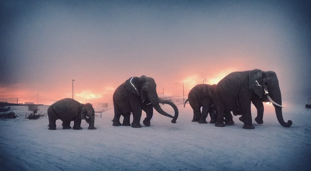 Prompt: “photo color of one biomechanical/mechanical steampunk giant elephant/wagon/mamouth in an arctic storm with fog and blizzard, the mammoth drags old gigantic coal wagons with snow, it's a sunset photo with cold tones, some people around ”