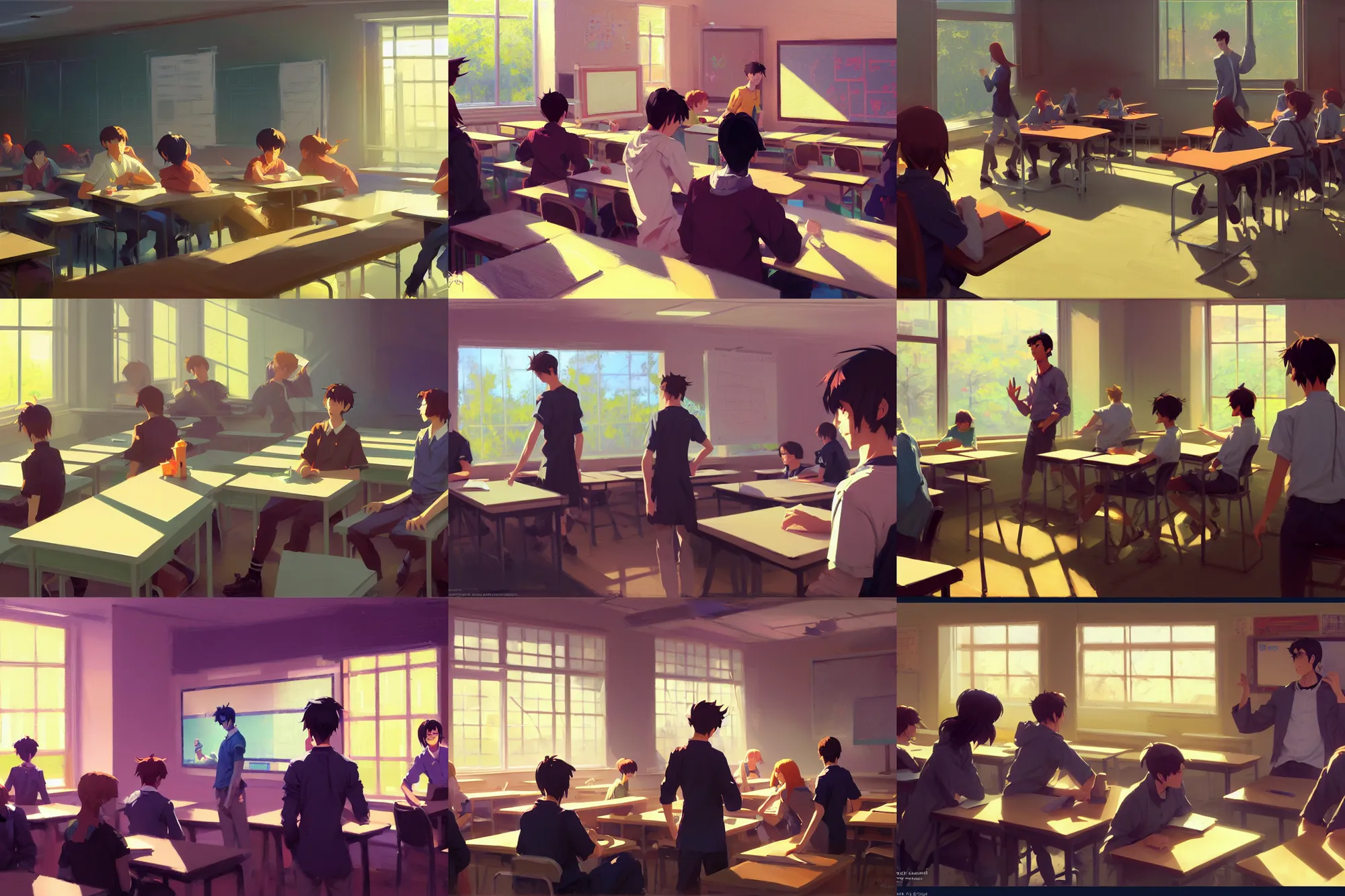 Prompt: high school classroom scene spring setting noon, expert high detail concept art, perfect proportions defined face, tall handsome guys, vivid colors, sharp focus, modern composition, realistic shaded lighting artistic, craig mullins, ilya kuvshinov, katsuhiro, jeremy lipkin, makoto shinkai, loish and clamp style, expert artist