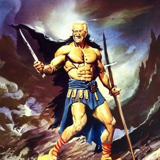 Prompt: Joe Biden as a warrior in a frazetta painting.