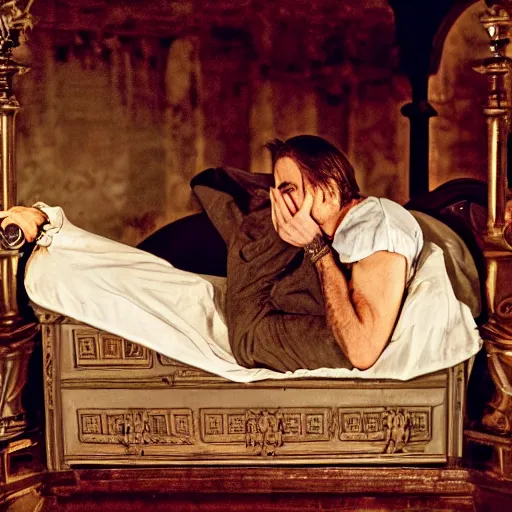 Prompt: Nicolas Cage sleeping in coffin with arms crossed, victorian castle, flash photography