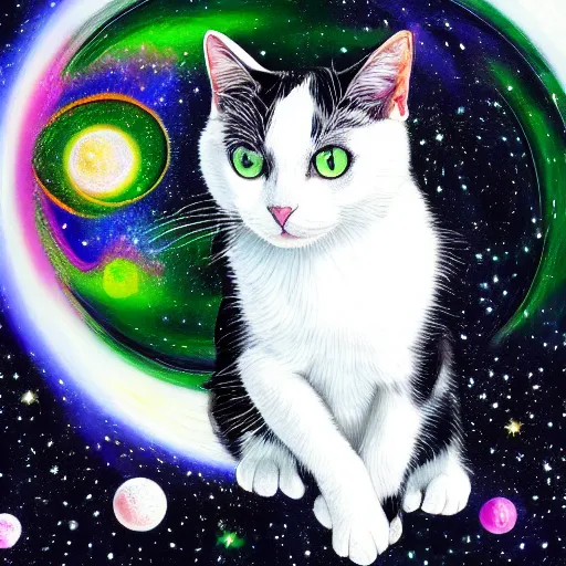 Prompt: a portrait of a beautiful black and white cat in space wearing a tuxedo with colorful bright green eyes, medium shot, hd, 8k, hyper-realism, detailed,