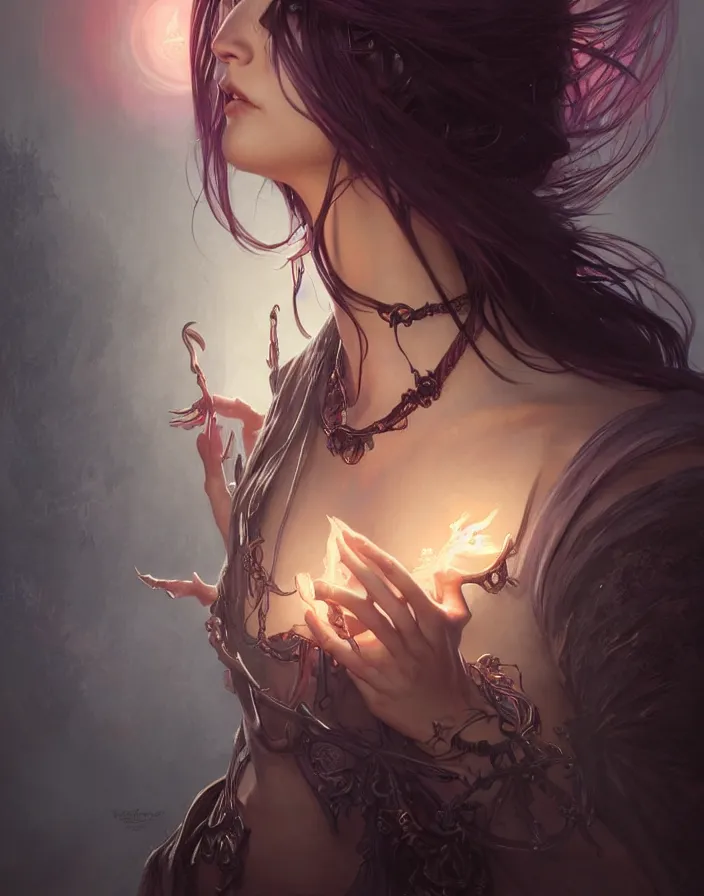 Image similar to Necromancer Sorceress, fantasy magic, undercut hairstyle, dark light night, intricate, elegant, sharp focus, illustration, highly detailed, digital painting, concept art, matte, art by WLOP and Artgerm and Greg Rutkowski and Alphonse Mucha, masterpiece