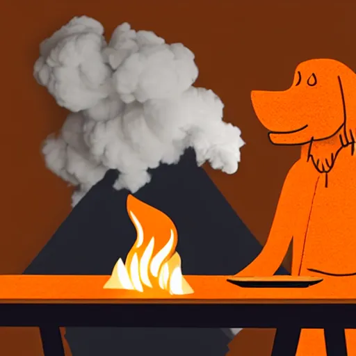 Image similar to an orange humanlike dog in his house, sitting at his table, a coffee on the table, surrounded by flames and fire, smoke above him