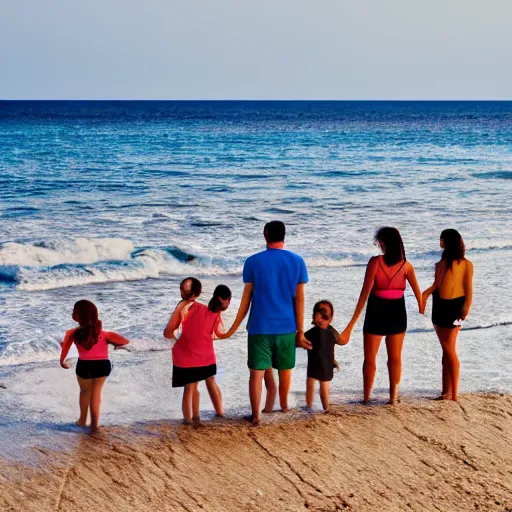 Prompt: a happy family group of people standing on top of a sandy beach, a stock photo by demetrios farmakopoulos, shutterstock contest winner, verdadism, stockphoto, stock photo, photo taken with ektachrome