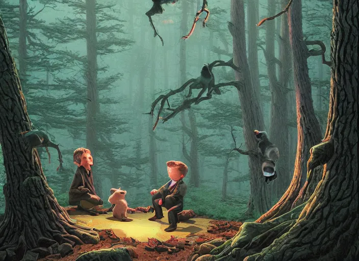 Prompt: Twin Peaks poster artwork by Michael Whelan and Tomer Hanuka, Rendering of several cute badgers playing in a fairytale forest, by Makoto Shinkai and thomas kinkade, Matte painting, trending on artstation and unreal engine