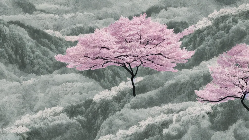 Image similar to a mountainside landscape with sakura trees, japan, a collage painting, in the style of wes anderson, lola dupre, david hockney, isolated on negative white space background dark monochrome neon spraypaint accents volumetric octane render