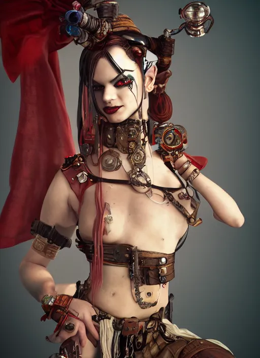 Prompt: steampunk portrait of harley quinn as a belly dancer, au naturel, hyper detailed, digital art, trending in artstation, cinematic lighting, studio quality, smooth render, unreal engine 5 rendered, octane rendered, art style by klimt and nixeu and ian sprigger and wlop and krenz cushart.