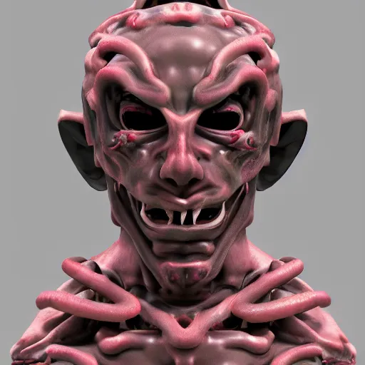 Image similar to japanese demon with deconstructed organs, face, bust, anatomical description, low pastel coloration, complex lights, highly detailed, 8 k