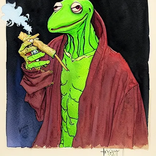 Image similar to a realistic and atmospheric watercolour fantasy character concept art portrait of kermit with red eyes smoking a huge blunt looking at the camera with a pot leaf nearby by rebecca guay, michael kaluta, charles vess and jean moebius giraud