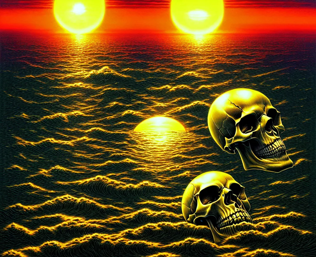 Image similar to a skull that is the sun rising just above the horizon over the sea by dan mumford and vladimir kush and donato giancola and ted withers and peter driben and brom and roberto ferri, green water, synthwave, retrowave, highly detailed, high contrast, intricate details, blended palette