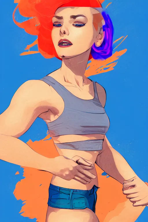 Prompt: a award winning half body portrait of a beautiful caucasian woman in a croptop and cargo pants with ombre orange blue teal hairstyle with head in motion and hair flying by will eisner, outrun, vaporware, digital art, trending on artstation, highly detailed, fine detail, intricate