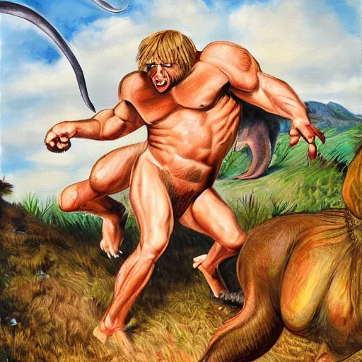 Image similar to a realistic muscular blonde neanderthal man fighting dinosaur, painting