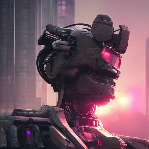 Image similar to Ash Thorp designed photorealistic photo vfx movie cyberpunk aesthetic TOOL album holographic cover art of a giant mech warrior. 3D octane, trending on artstation.