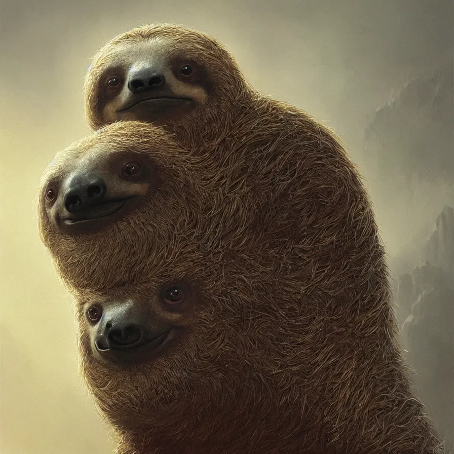 Prompt: close portrait of a sloth, high detail, dramatic light, digital art, painted by greg rutkowski, painted by seb mckinnon, trending on artstation