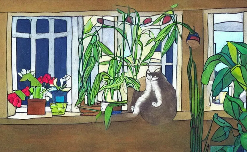 Prompt: sleeping cat on window, inside house in village, plants, sun, orphism style