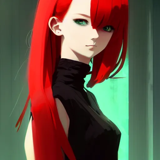 Image similar to elegent girl with red hair and green eyes, wearing a white dress, red and black color palette, in the style of and ilya kuvshinov and greg rutkowski, high quality anime artstyle, intricate