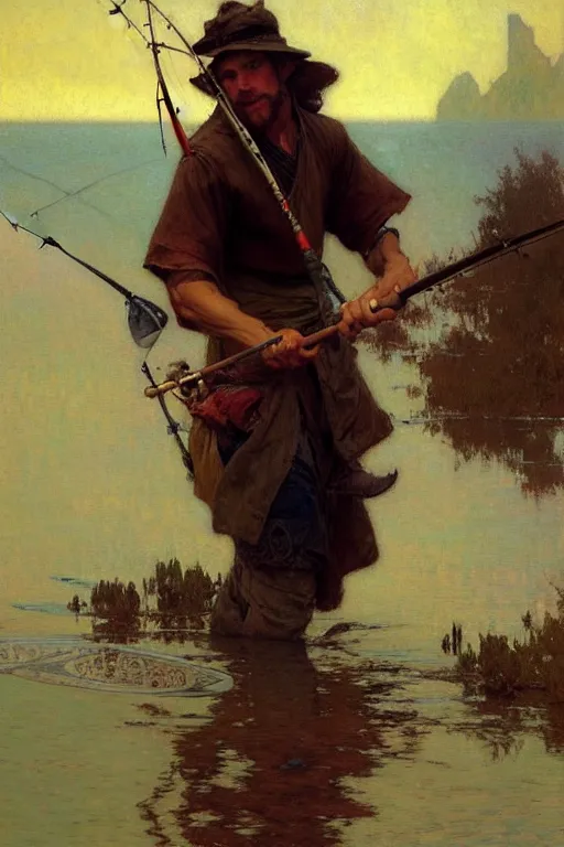 Image similar to attractive man, fishing, cool colors, painting by gaston bussiere, craig mullins, greg rutkowski, alphonse mucha