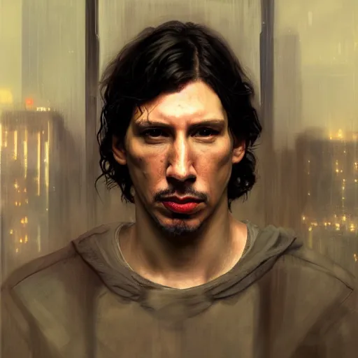 Image similar to adam driver, hyperrealistic portrait, bladerunner street, art of elysium by jeremy mann and alphonse mucha, fantasy art, photo realistic, dynamic lighting, artstation, poster, volumetric lighting, very detailed face, 4 k, award winning