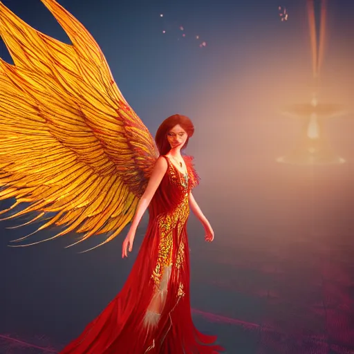 Image similar to a beautiful orchid phoenix angel woman, in an ornamented dress with large wings, photorealism, octane, unreal engine, volumetric light, god rays, 8 k high resolution, rubies