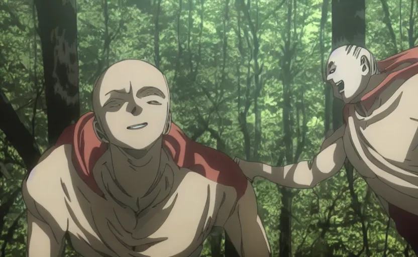 Prompt: Creepy big smiling titan in the forest in Attack on Titan anime,