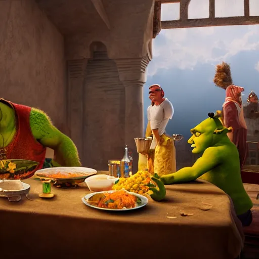 Prompt: shrek eats couscous with his family, moroccan festival, masterpiece, highly detailed, high quality, 4 k, anatomically correct, hyperrealistic, concept art, octane render, unreal engine 5, trending on artstation, trending on deviantart, matte, historical painting, fantasy style, path traced, high coherence, soft lighting, digital painting, mythical