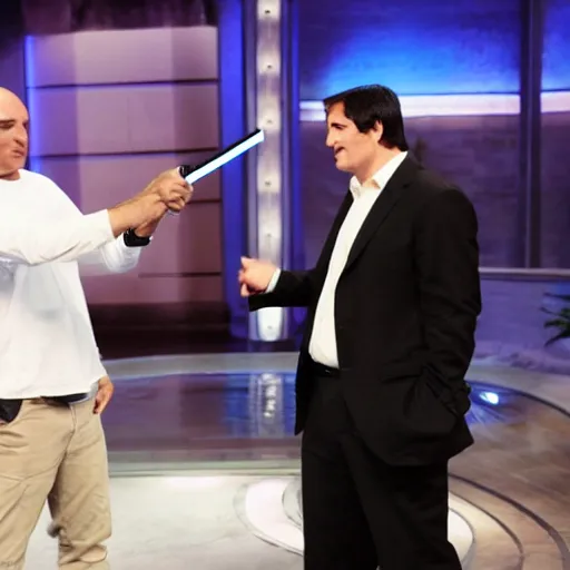 Prompt: Jedi Kevin O'Leary cutting Mark Cuban flesh with a lightsaber, in Shark Tank (2016)