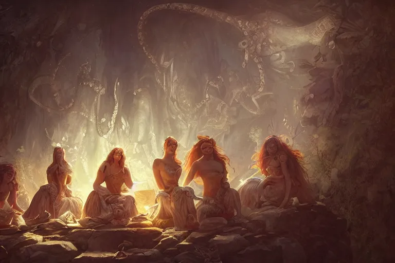 Prompt: the muses. sacred singers they who took up the strings of the deep ocean kraken, and turned the cacophony of an angry world into songs of unity and peace. morning lighting hopeful, sun beams cinematic fantasy painting, dungeons and dragons, jessica rossier and brian froud