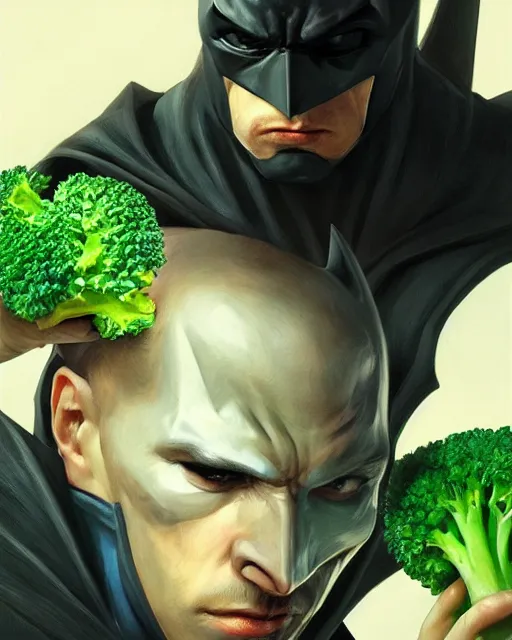 Prompt: Close-up stunning portrait of Batman eating broccoli, digital painting, concept art, highly detailed, digital painting, Trending on Artstation, 8K, by artgerm and greg rutkowski and alphonse mucha