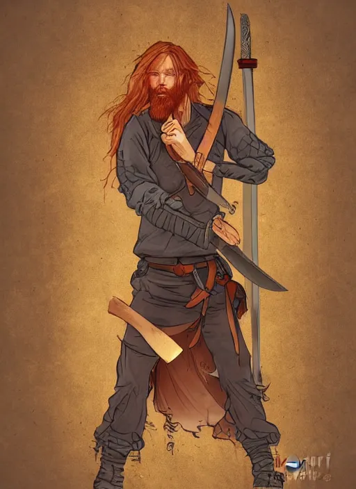 Image similar to grungy redhead 30-something scruffy bearded shoulder-length hair swordsman holding a short curved sword in a ultradetailed pacific northwest redcedar forest, smooth. sharp focus, grunge dingy high quality digital art detailed,