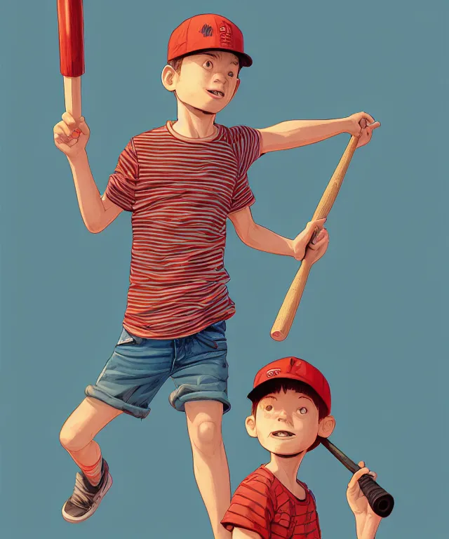 Image similar to a young boy wearing a horizontal striped shirt and a red baseball cap and jean shorts, holding a baseball bat, centered composition, digital painting, artstation, concept art, sharp focus, octane render, illustration, art by geof darrow,