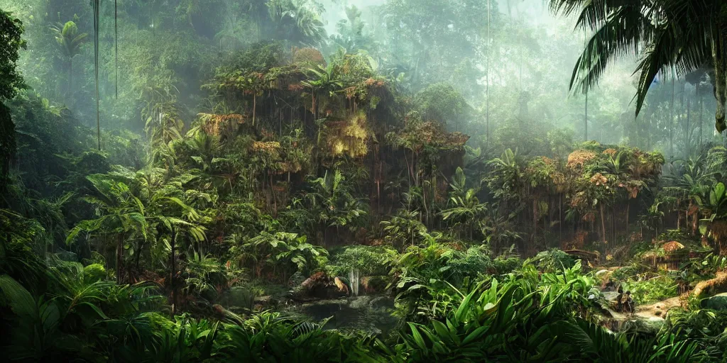 Prompt: tropical jungle, wall wood fortress, Photorealistic, plants environment, wide angle, establishing shot, cinematic lighting, atmospheric, realistic, octane render, highly detailed, color graded, matte painting in the style of craig mullins