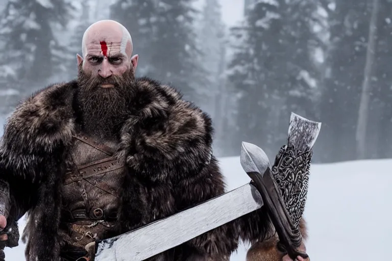 Image similar to vfx movie tough bald man in furs, natural grizzled skin, streaks of red face paint grey beard, dual wielding detailed viking war axes, in snowy tahoe, god of war by emmanuel lubezki