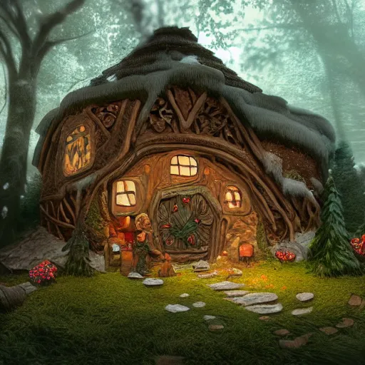 Image similar to a medieval hobbit house made of ginger bread, ornate, beautiful, atmosphere, vibe, flowers, concept art illustration, color page, 4 k, tone mapping, doll, akihiko yoshida, james jean, andrei riabovitchev, marc simonetti, yoshitaka amano, digital illustration, greg rutowski, volumetric lighting, sunbeams, particles