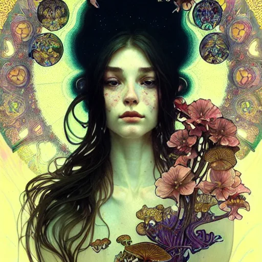 Prompt: Girl have a psychedelic experience, magic mushrooms, psilocybin, face, detailed, intricate, elegant, highly detailed, digital painting, artstation, concept art, smooth, sharp focus, illustration, art by Krenz Cushart and Artem Demura and alphonse mucha