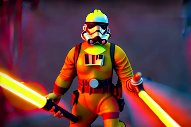 Image similar to heroic firefighter, screenshot in a typical disney infinity 3 star wars style, artstation, volumetric lighting, subsurface scattering, octane render, by josh black