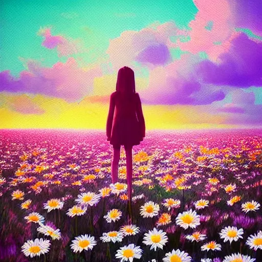 Image similar to giant daisy flower as head, full body, girl standing in a flower field, surreal photography, sunrise dramatic light, impressionist painting, colorful clouds, digital painting, artstation, simon stalenhag, flower face