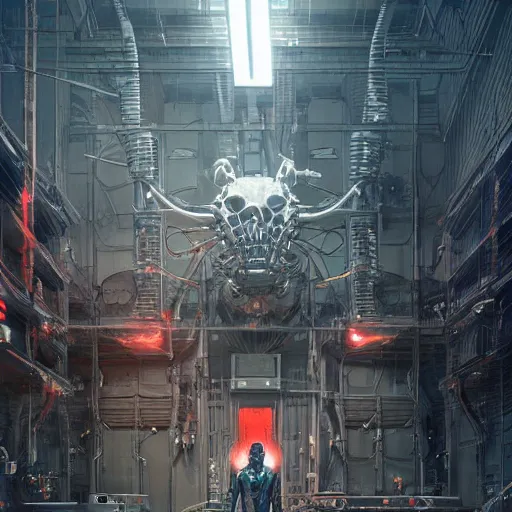 Prompt: ultradetailed illustration of a biomechanic evil cyborg posing in front of a futuristic mechanic lab, by greg rutkowski and Zdzisław Beksiński., photorealistic, 8k, intricate, futuristic, dramatic light, trending on cg society