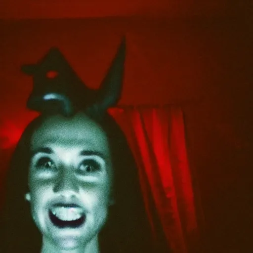 Image similar to A selfie of a woman in a dark room, with a spooky filter applied, with a figure in the background, in a Halloween style.