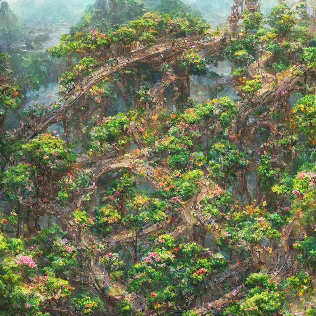 Image similar to a beautiful nature civilization, fancy, flowers, bridges, nature city, people, tree houses, trending on artstation, behance, deviantart